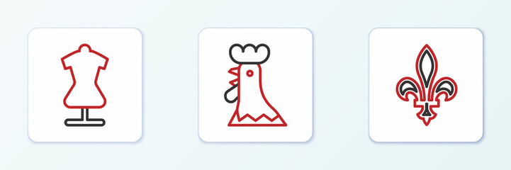 Set line Fleur De Lys, Mannequin and French rooster icon. Vector