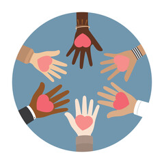 Flat vector illustration of people with different skin colors putting their hands together, holding pink heart.  Unity concept.