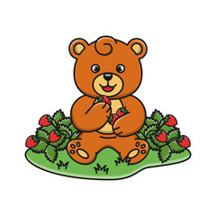 Cartoon bear is eating strawberries