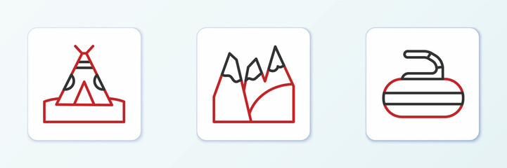 Set line Stone for curling, Indian teepee wigwam and Mountains icon. Vector © vector_v