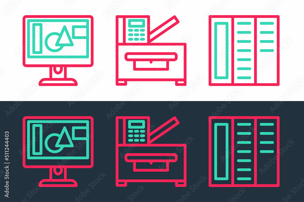 Poster set line brochure, computer monitor screen and copy machine icon. vector