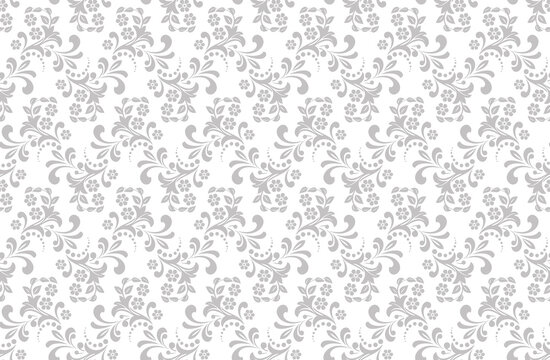 Flower pattern. Seamless white and gray ornament. Graphic vector background. Ornament for fabric, wallpaper, packaging.
