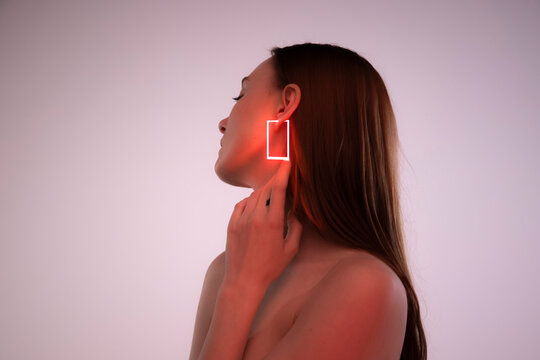 Portrait of tender young girl with neon colored accessories, earrings in square shape posing isolated over pink background - Powered by Adobe
