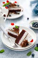 Fototapeta na wymiar Chocolate cake, white cheesecake decorated with blueberries, cherry, brown chocolate and whipped cream