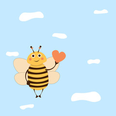 Cute Honey Bee Holding Red Heart, Lovely Flying Insect Character Cartoon Vector Illustration