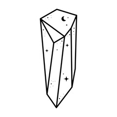 Crystal moon drawing. Cute astrology crystals, stars leaves. Mystical tshirt print. Magic celestial element.