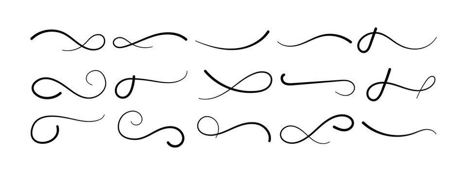 Hand drawn swoosh underlining set. Vector calligraphic lettering emphasize curved line. Element for typography. Collection of black brush strokes isolated on white background. Retro ornament of tails