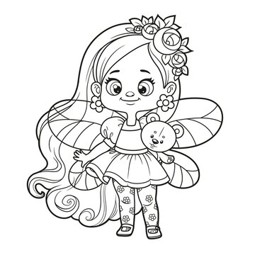 Cute cartoon little fairy with long hair holding a teddy bear outlined for coloring on white background