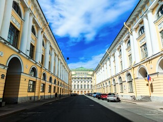 Architect Rossi Street (Ulitsa Zodchego Rossi) and the Alexandrinsky Theatre or Russian State Pushkin Academy Drama Theater. St. Petersburg, Russia