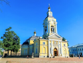 Fototapeta na wymiar Transfiguration Cathedral at Sobornaya square in Vyborg, Leningrad region, Russia