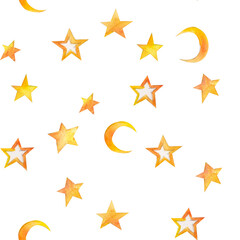 Seamless watercolor texture stars and moon yellow orange