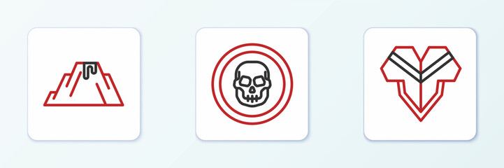Set line Poncho, Volcano eruption with lava and Mexican skull coin icon. Vector