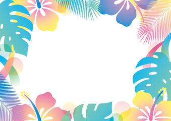 ネオンカラーのレトロポップなハイビスカスフレーム夏 © まるまる