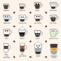 Cute coffee cups with emotions. Lovely menu for cafe
