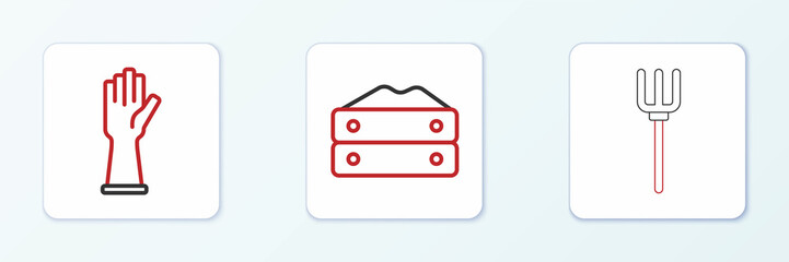 Set line Garden pitchfork, Rubber gloves and Bag of flour icon. Vector