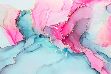 Abstract fluid ink painting background in pink blue colors with golden splashes.