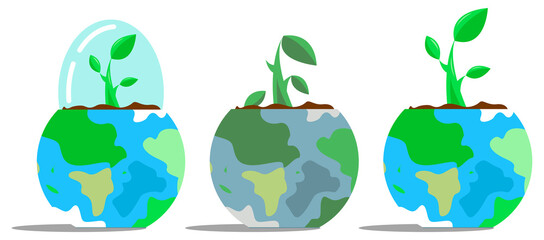 Raster graphics - a set of images - sprouts in pots in the shape of a planet. Concept - environmental problems