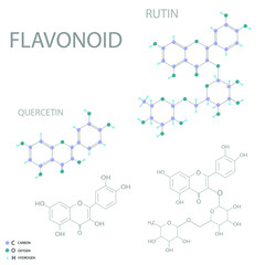 Flavonoid (quercetin or rutin) molecular skeletal 3D chemical formula.	