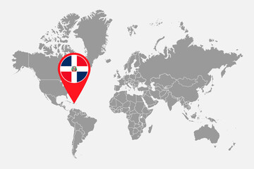 Pin map with Dominican Republic flag on world map. Vector illustration. - obrazy, fototapety, plakaty