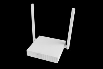 Wireless Wi-Fi router isolated on black background. wifi technology concept. White wireless...