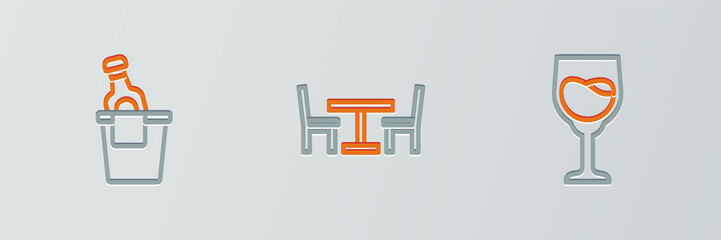 Set line Wine glass, Champagne an ice bucket and Wooden table with chair icon. Vector