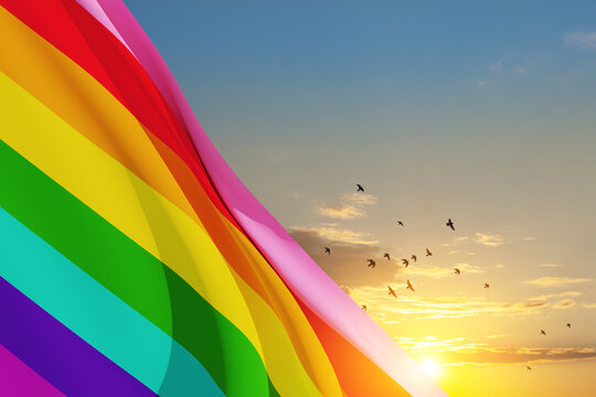 Waving LGBT pride flag on sunset sky with flying birds, rainbow flag background. Multicolored peace flag movement. Original colors symbol. 3d-rendering.