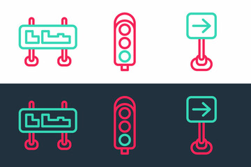 Set line Traffic sign turn right, Road traffic and light icon. Vector