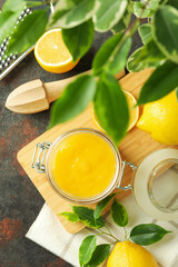 Concept of tasty food with lemon curd, top view