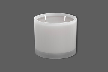 Blank matte glass candle with two wicks mockup isolated on a dark background. 3d rendering.