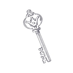Vintage door key with kings crown. Engraved outlined drawing in retro style. Black and white antique victorian royal item with ornament. Ancient forged object. Isolated hand-drawn vector illustration