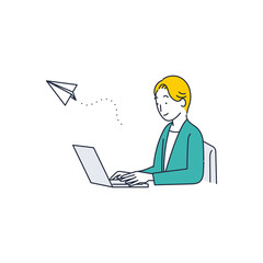 パソコンでメールを送受信する男のイラスト素材｜mayucolor08