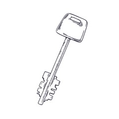 Long door key, outlined drawing in vintage retro style. Detailed etching of modern locking item for safe, apartment. Contoured woodcut drawn vector sketch illustration isolated on white background