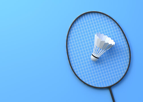 Badminton racket and shuttlecock on blue background. Top view. 3d rendering illustration