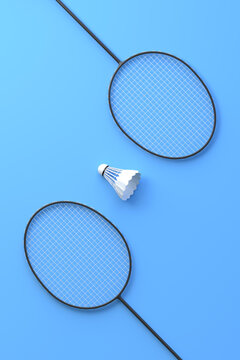 Badminton racket and shuttlecock on blue background. Top view. 3d rendering illustration