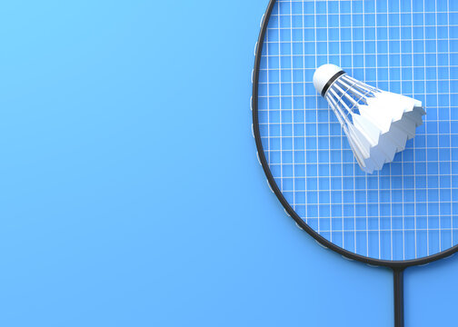 Badminton racket and shuttlecock on blue background. Top view. 3d rendering illustration