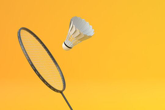 Badminton racket and shuttlecock on yellow background. 3d rendering illustration
