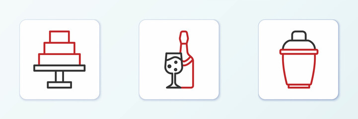 Set line Cocktail shaker, Cake and Champagne bottle icon. Vector