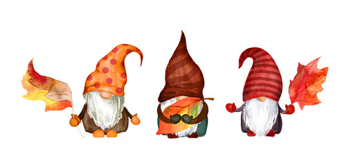 Gnomes set with autumn leaves. Watercolor bundle - family of nordic dwarves - 511250665