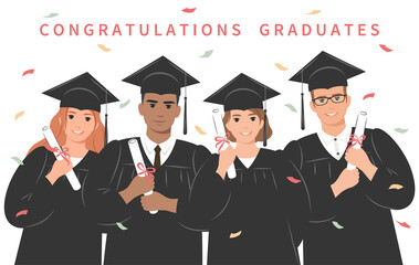 Сongratulations graduates. Group of happy students-graduates university or college wearing an academic gown, graduation cap and holding a diploma. Vector illustration
