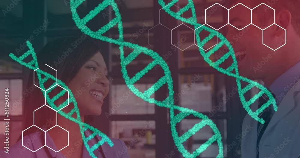 Poster animation of data processing and dna strands spinning over diverse doctors