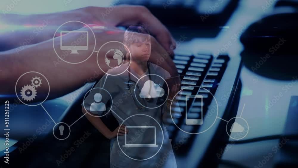 Poster animation of network of connections over caucasian woman typing on computer keyboard