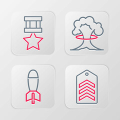 Set line Chevron, Rocket launcher, Nuclear explosion and Military reward medal icon. Vector