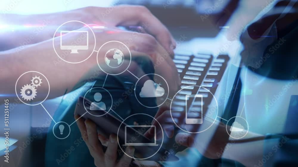 Poster animation of network of connections over caucasian woman typing on computer keyboard