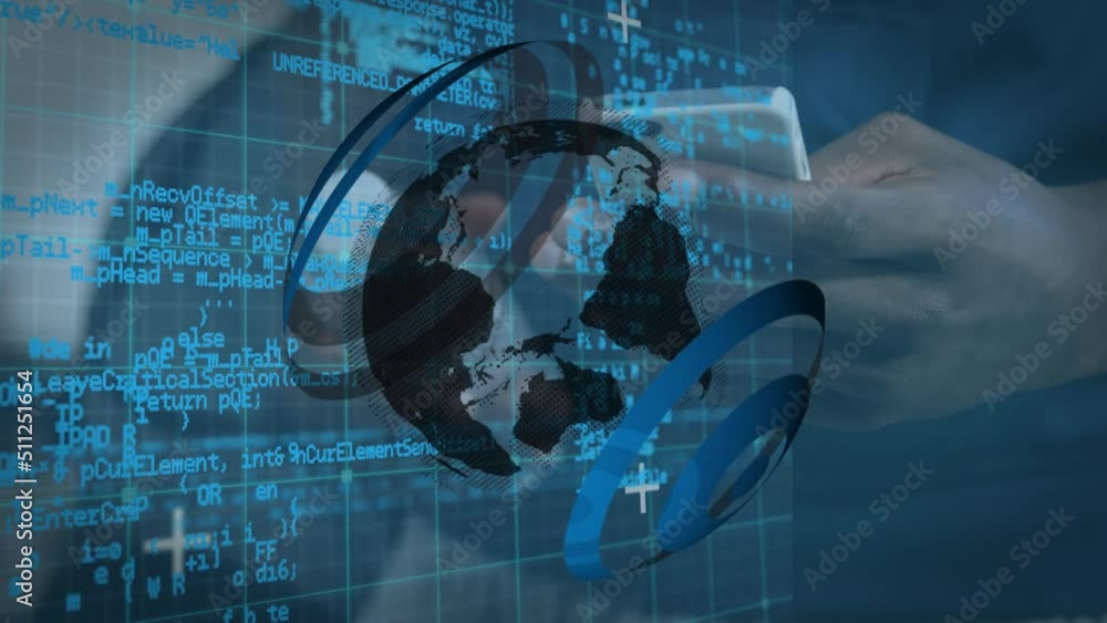 Poster animation of globe and data processing over african american man using smartphone