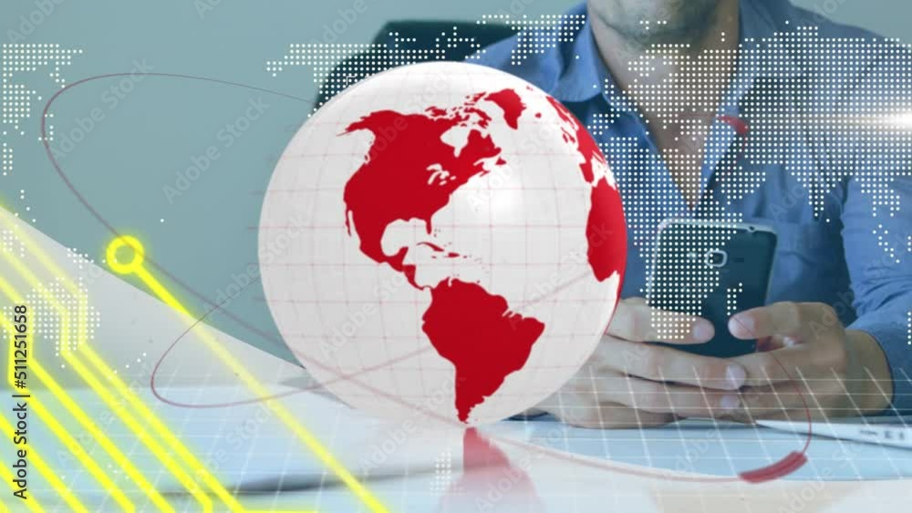 Poster animation of globe and computer circuit board over caucasian man using smartphone