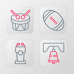Set line Liberty bell in Philadelphia, Stage stand or tribune, American Football ball and Drum drum sticks icon. Vector