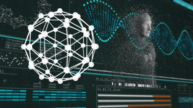 Animation of globe, dna strand and data processing with human body formed with exploding particles