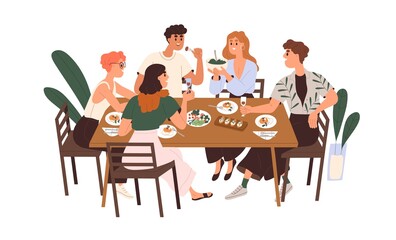 Friends gathering at dining table with wine and food. Happy young people eating, celebrating holiday, talking, relaxing together on weekend. Flat vector illustration isolated on white background