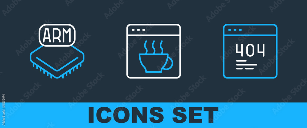 Aufkleber set line page with a 404 error, processor and software icon. vector