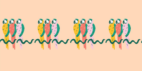 Parrot border repeat with snakes. Vector illustration of birds of paradise. Colorful background. Great for kids and summer home decor. Surface pattern design.